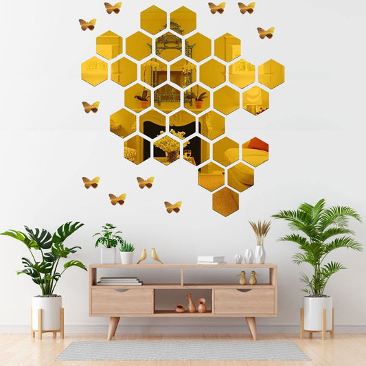 Hexagonal 4 Inch Acrylic Mirror Wall Stickers (12 Pcs Set)