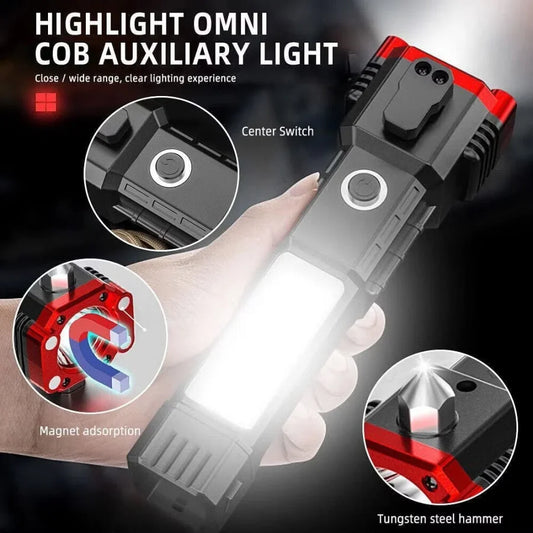 USB Rechargeable Bright LED Flashlight With Safety Hammer